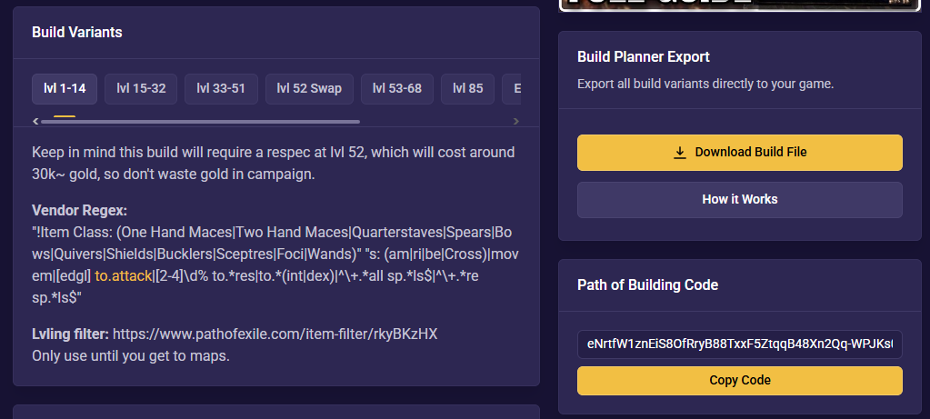 Primeiros blocos da build, contendo filtro, regex e build planner.
